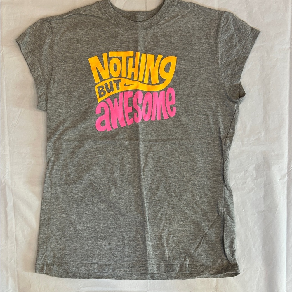 Nike Kids Gray Tee with Bold Yellow and Pink Print